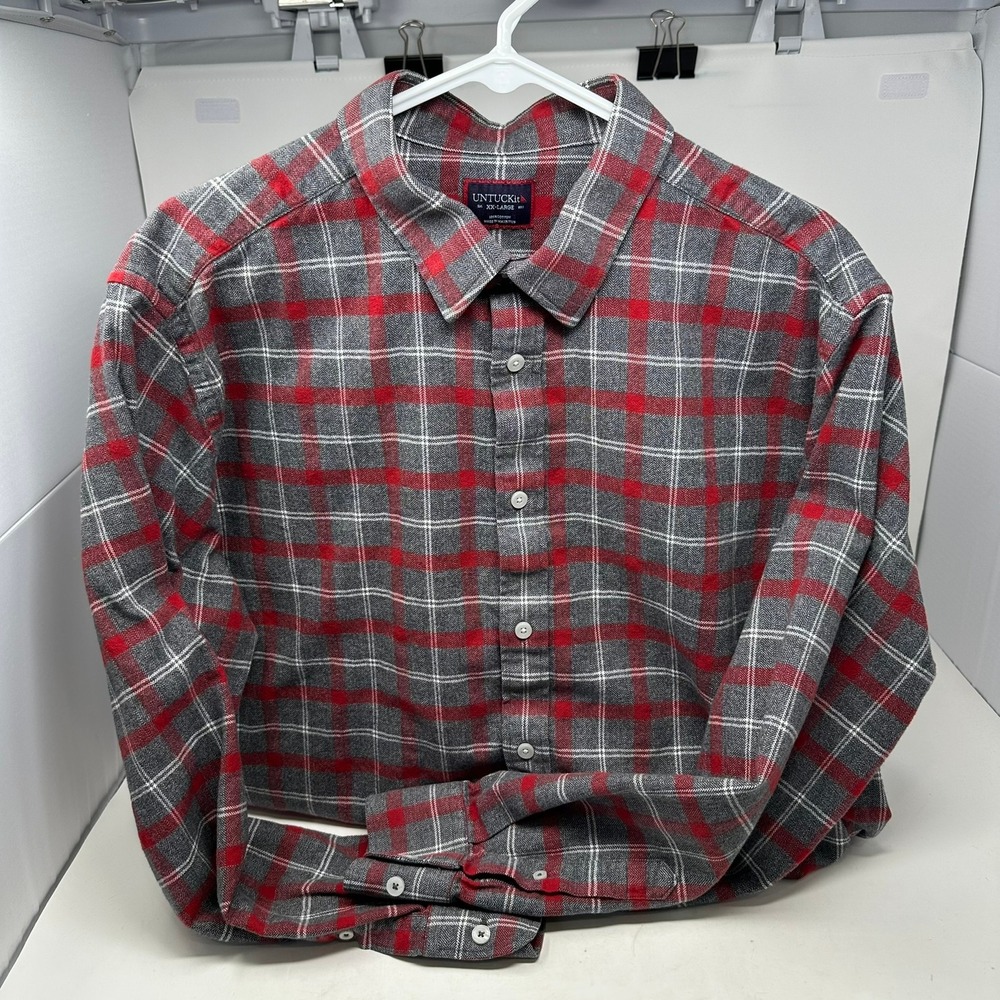 UNTUCKit Shirt Men XXL Gray Jaxon Red Plaid Flannel Regular Fit Cotton 40338